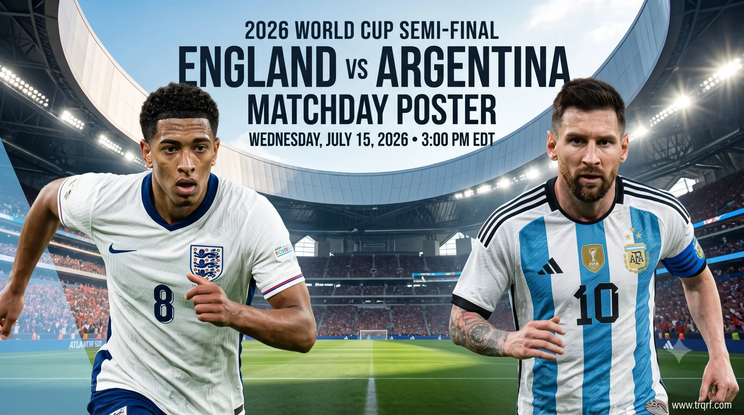 Watch England vs Argentina online preview graphic featuring Jude Bellingham and Lionel Messi at Atlanta Stadium.