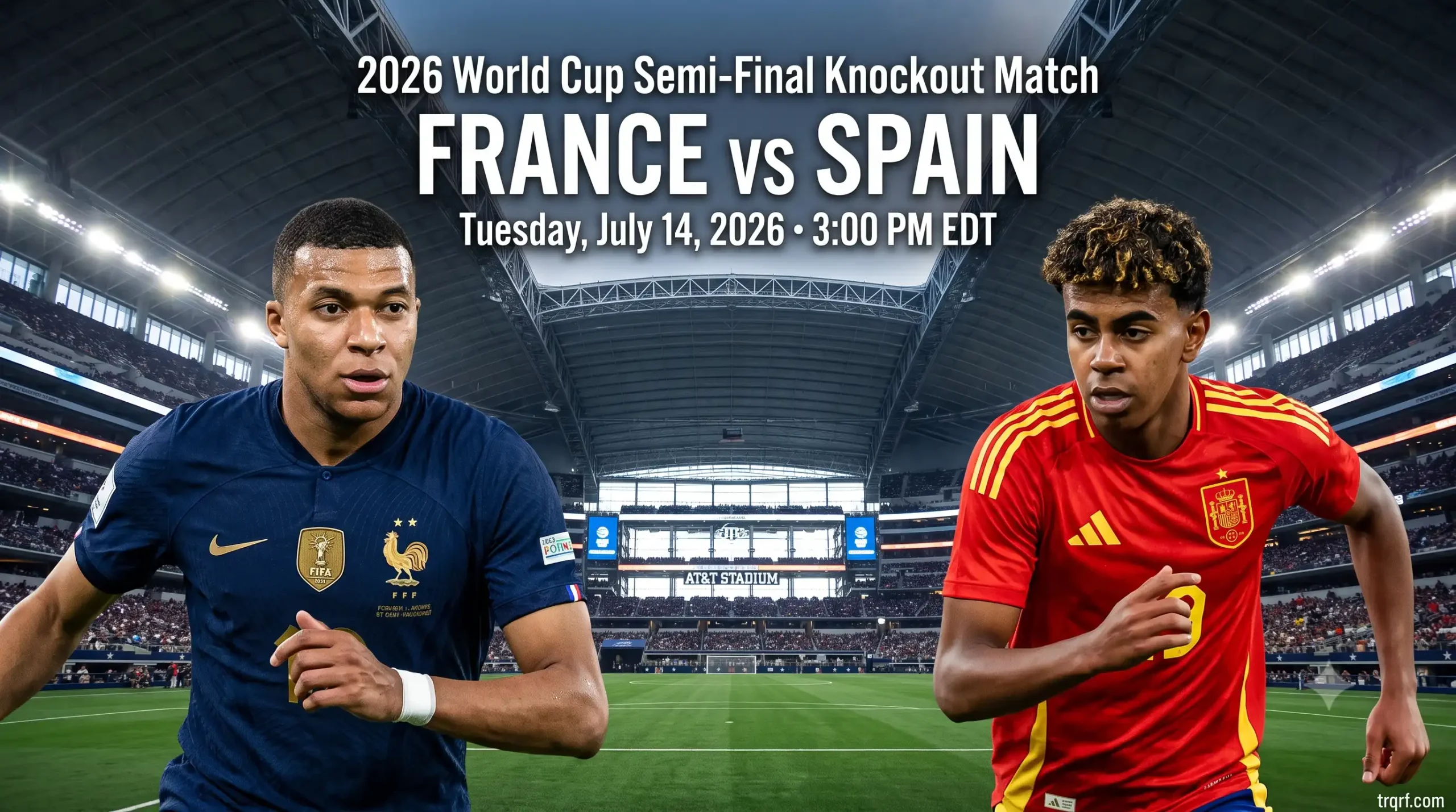 Watch France vs Spain online preview graphic featuring Kylian Mbappé and Lamine Yamal at Dallas Stadium.