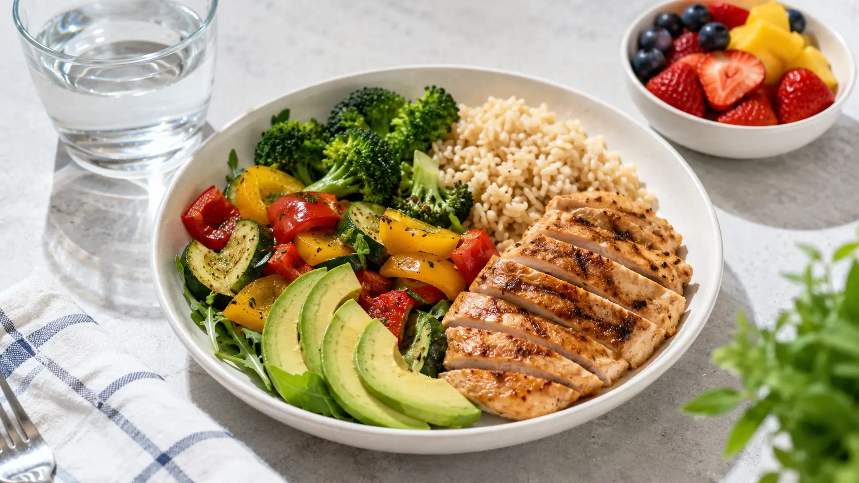A balanced meal with lean protein, vegetables, whole grains, fruit, and water for an intermittent fasting eating window.