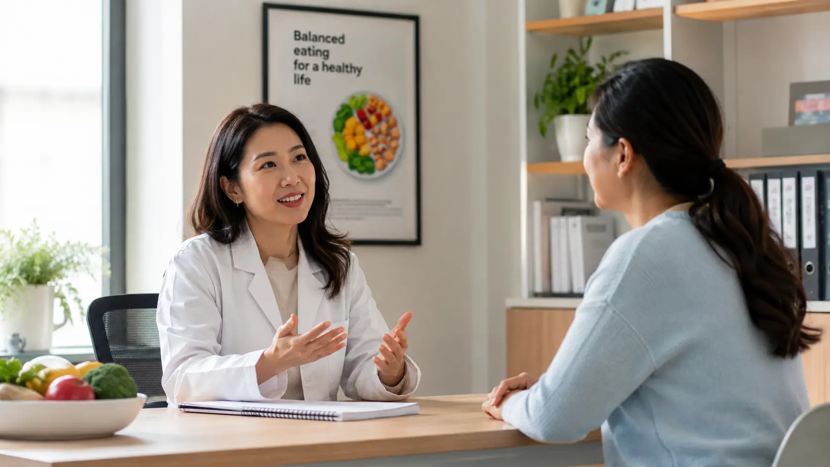 A healthcare professional discussing diet and fasting safety with a patient in a calm medical office.