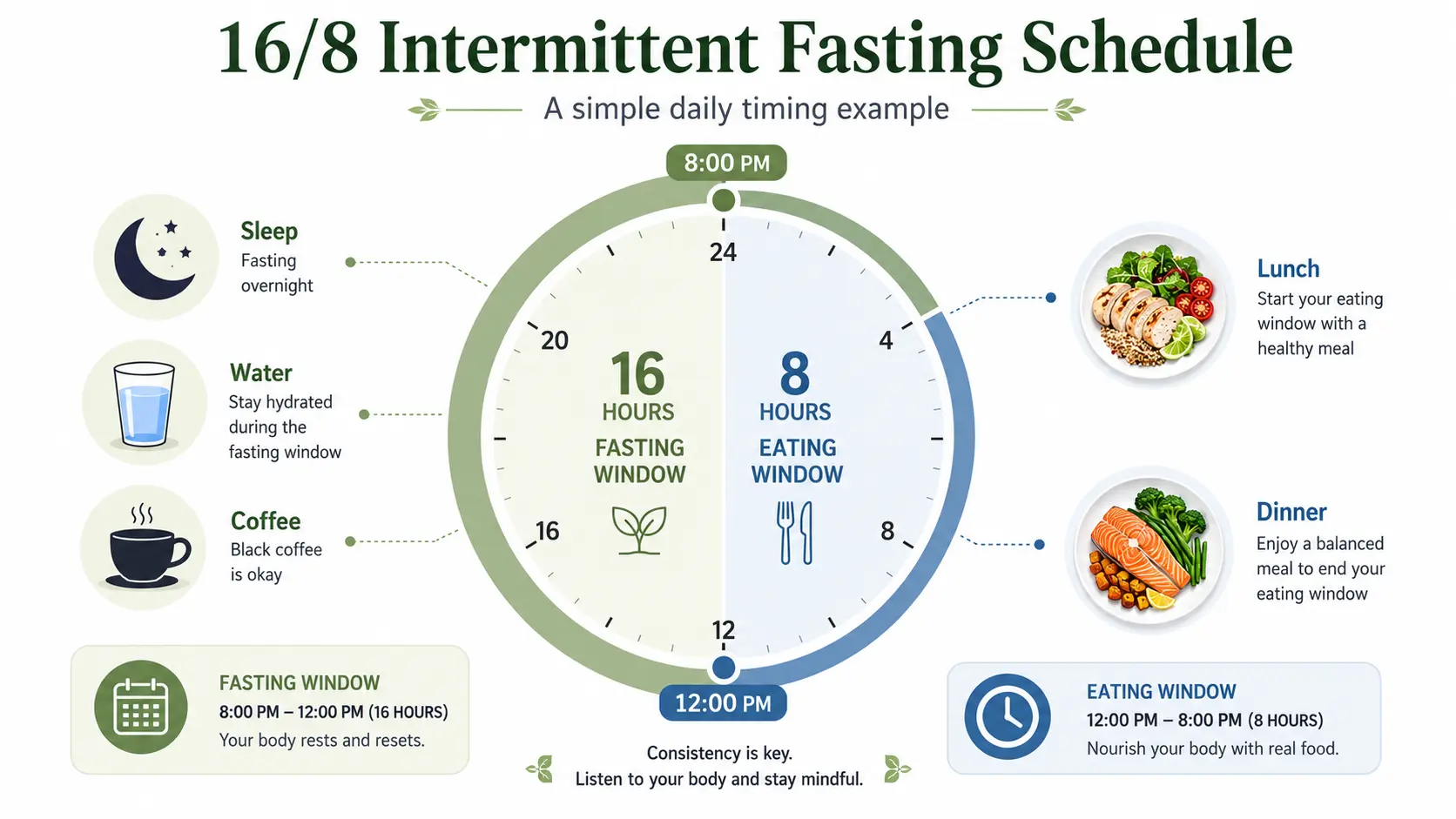 A simple daily fasting schedule showing an eating window and fasting window for the 16/8 intermittent fasting method.