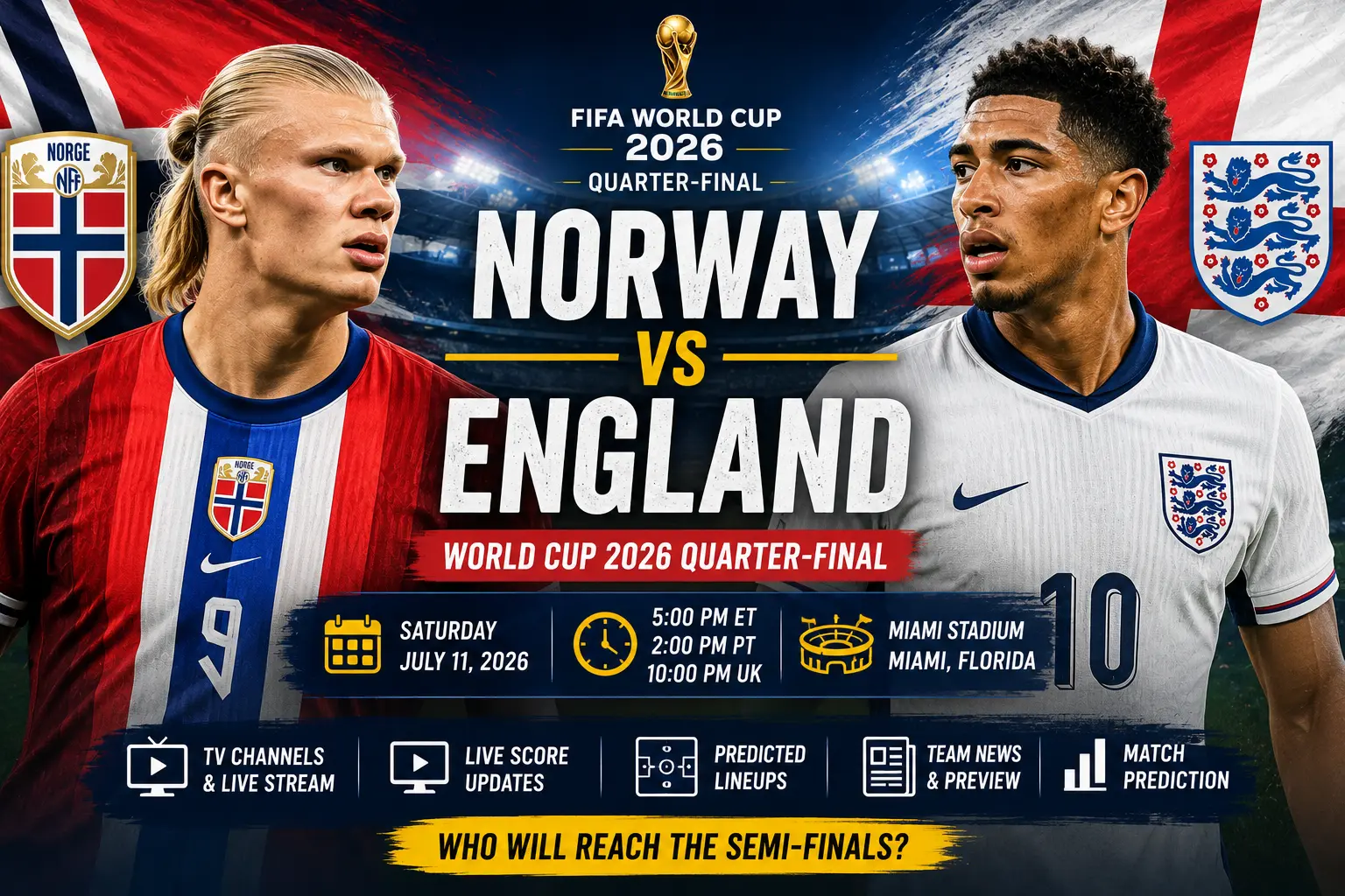 Norway vs England World Cup 2026 quarter-final live stream guide at Miami Stadium