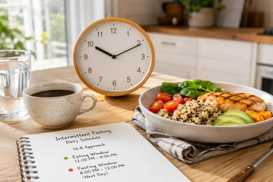 A healthy meal, water, clock, and fasting schedule representing intermittent fasting for beginners.