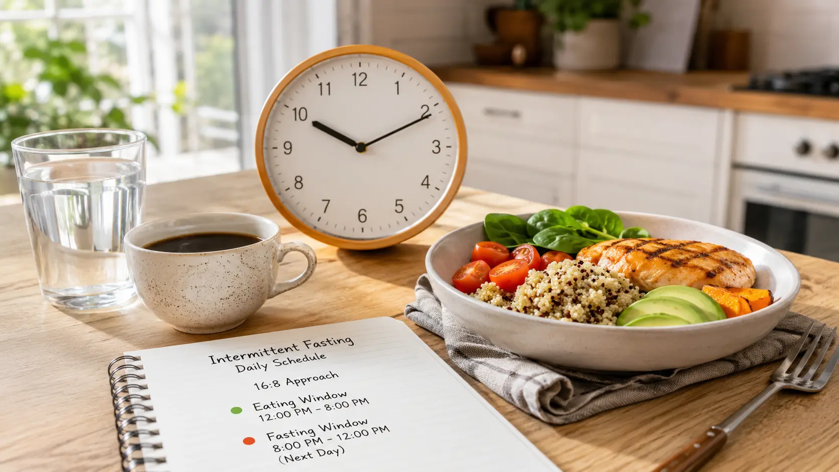 A healthy meal, water, clock, and fasting schedule representing intermittent fasting for beginners.